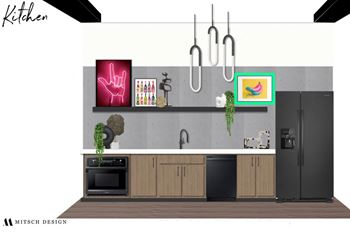 a rendering of a kitchen with wooden cabinets and stainless steel appliances